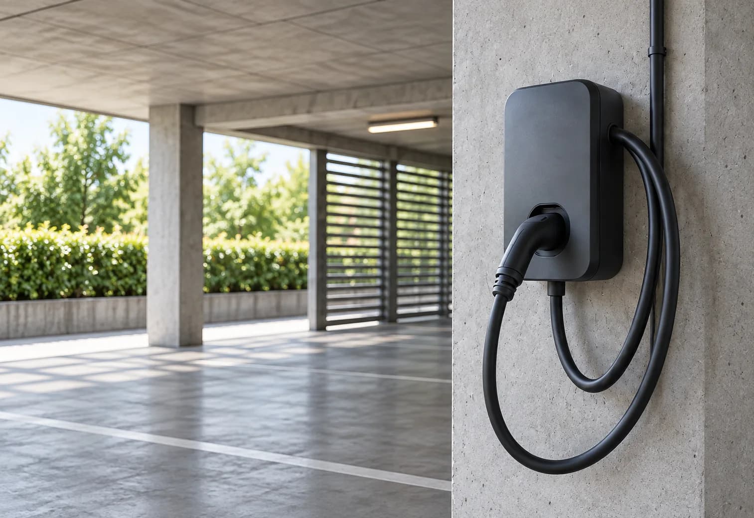 Wallbox an einer Betonstütze in einem überdachten Stellplatz – Bildkonzept